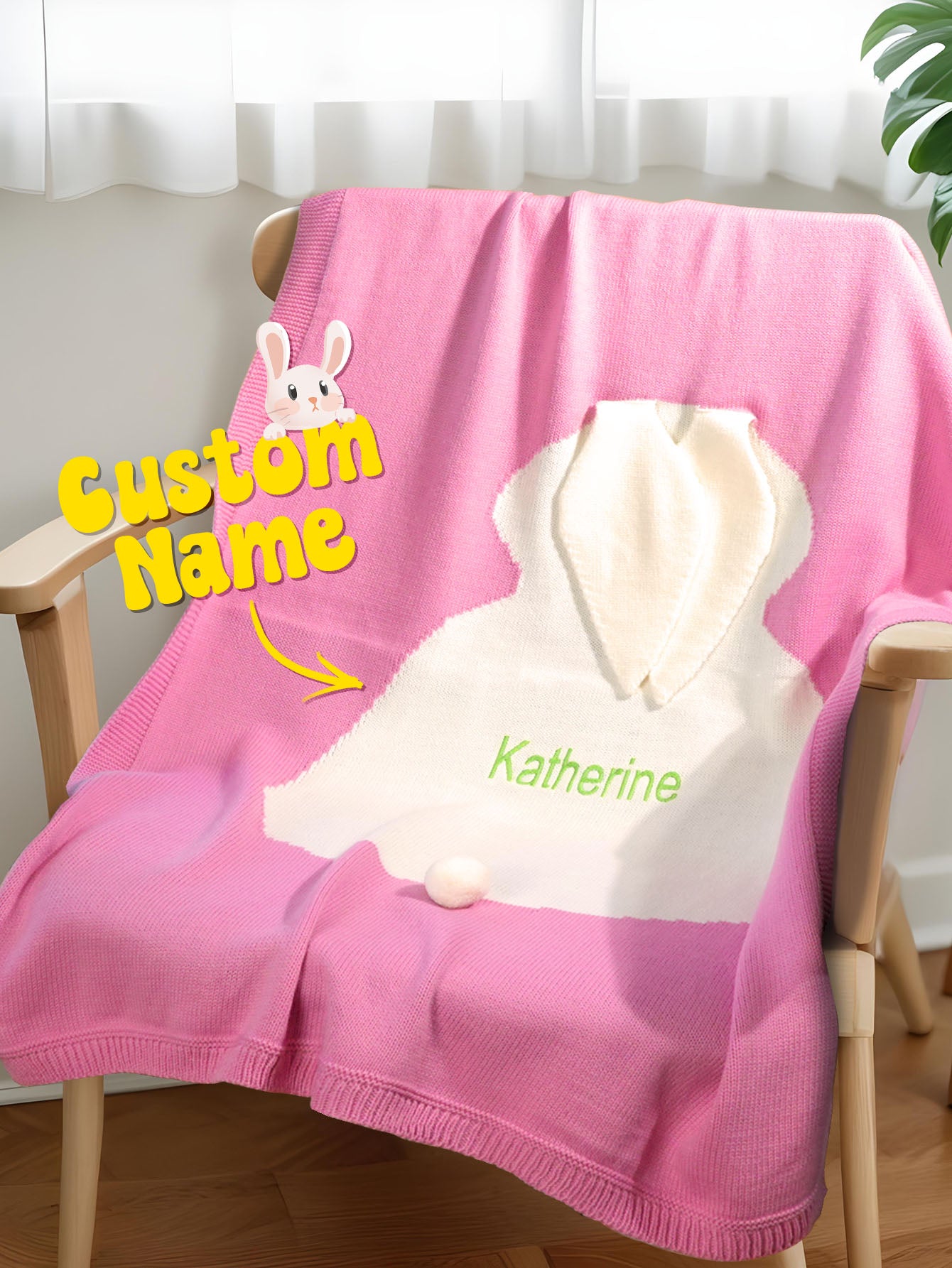 Couverture tricotée personnalisée Rose – Modèle lapin avec prénom brodé- Cadeau de naissance -Monbijoo