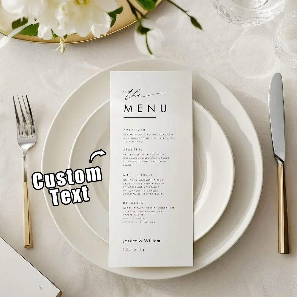 Carte Menu Mariage Minimaliste Personnalisée - Menu du Dîner de Mariage - MONBIJOO