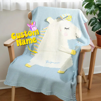 Couverture Tricotée Personnalisée Licorne avec Prénom Brodé - Cadeau de naissance - MONBIJOO