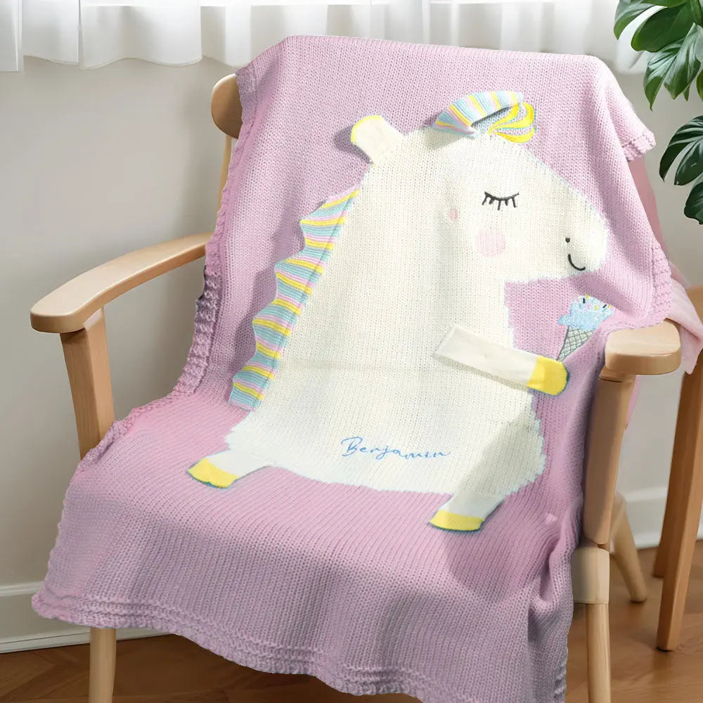 Couverture Tricotée Personnalisée Licorne avec Prénom Brodé - Cadeau de naissance - MONBIJOO