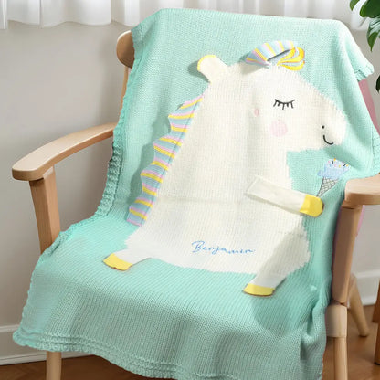 Couverture Tricotée Personnalisée Licorne avec Prénom Brodé - Cadeau de naissance - MONBIJOO