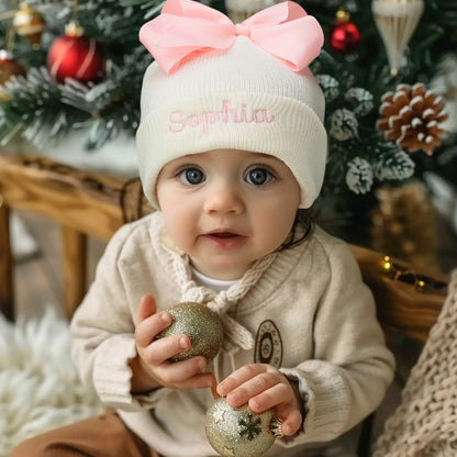 Bonnet tricoté personnalisé pour bébé avec nœud – Cadeau d'anniversaire unique