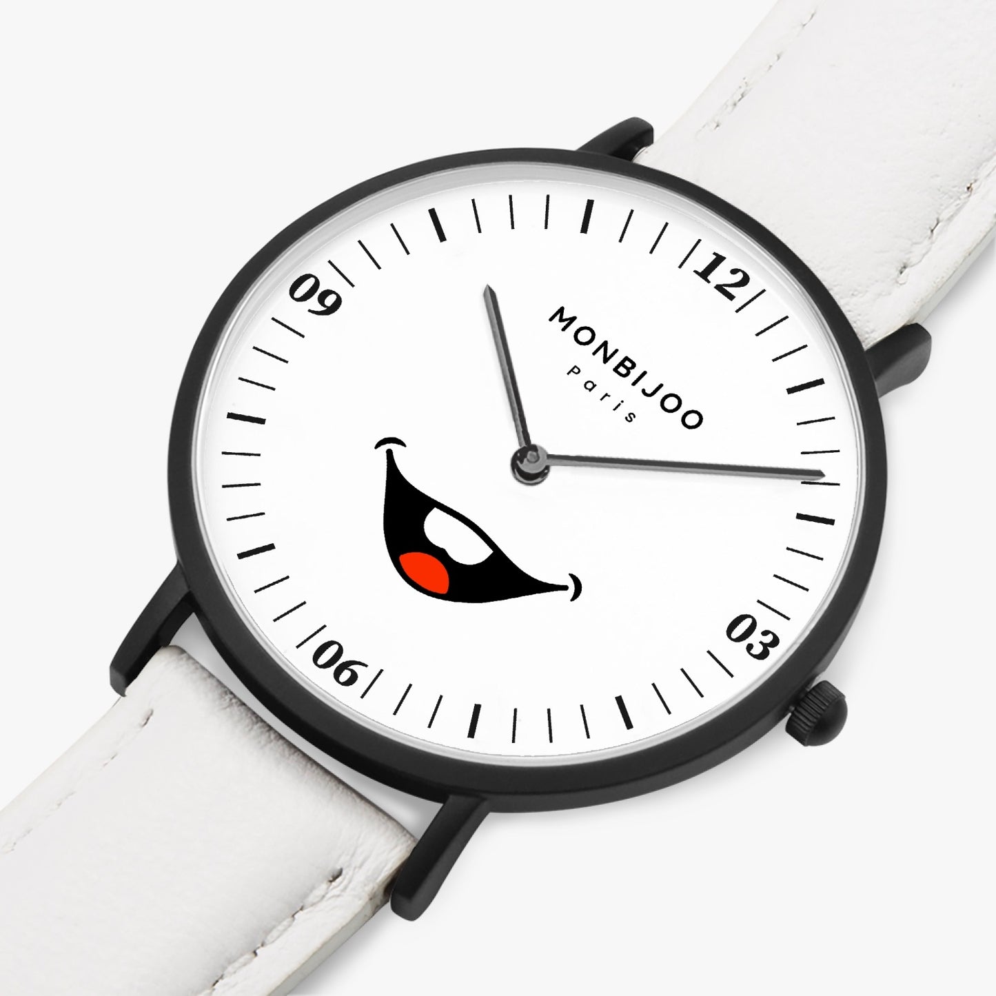 Montre Homme Midnight Cadran HappyTime Bracelet Cuir Blanc - MONBIJOO