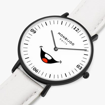 Montre Homme Midnight Cadran HappyTime Bracelet Cuir Blanc - MONBIJOO