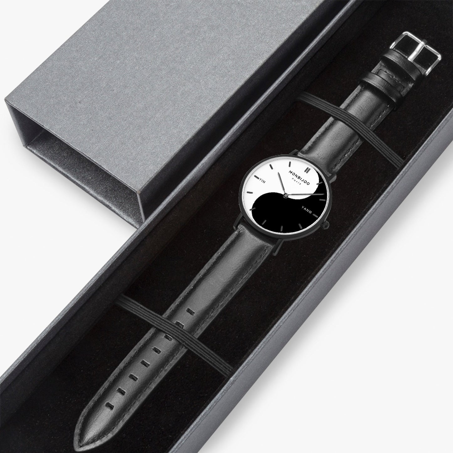 Montre Femme Eclipse Cadran Yin Yang Bracelet Cuir Noir - MONBIJOO