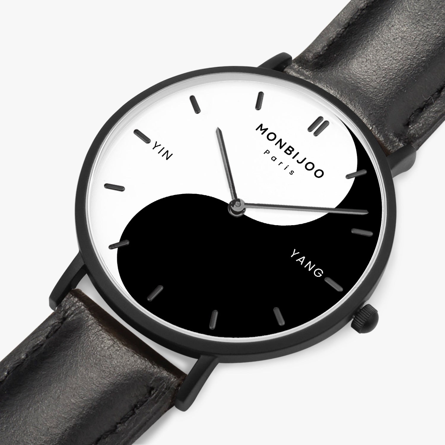 Montre Femme Eclipse Cadran Yin Yang Bracelet Cuir Noir - MONBIJOO