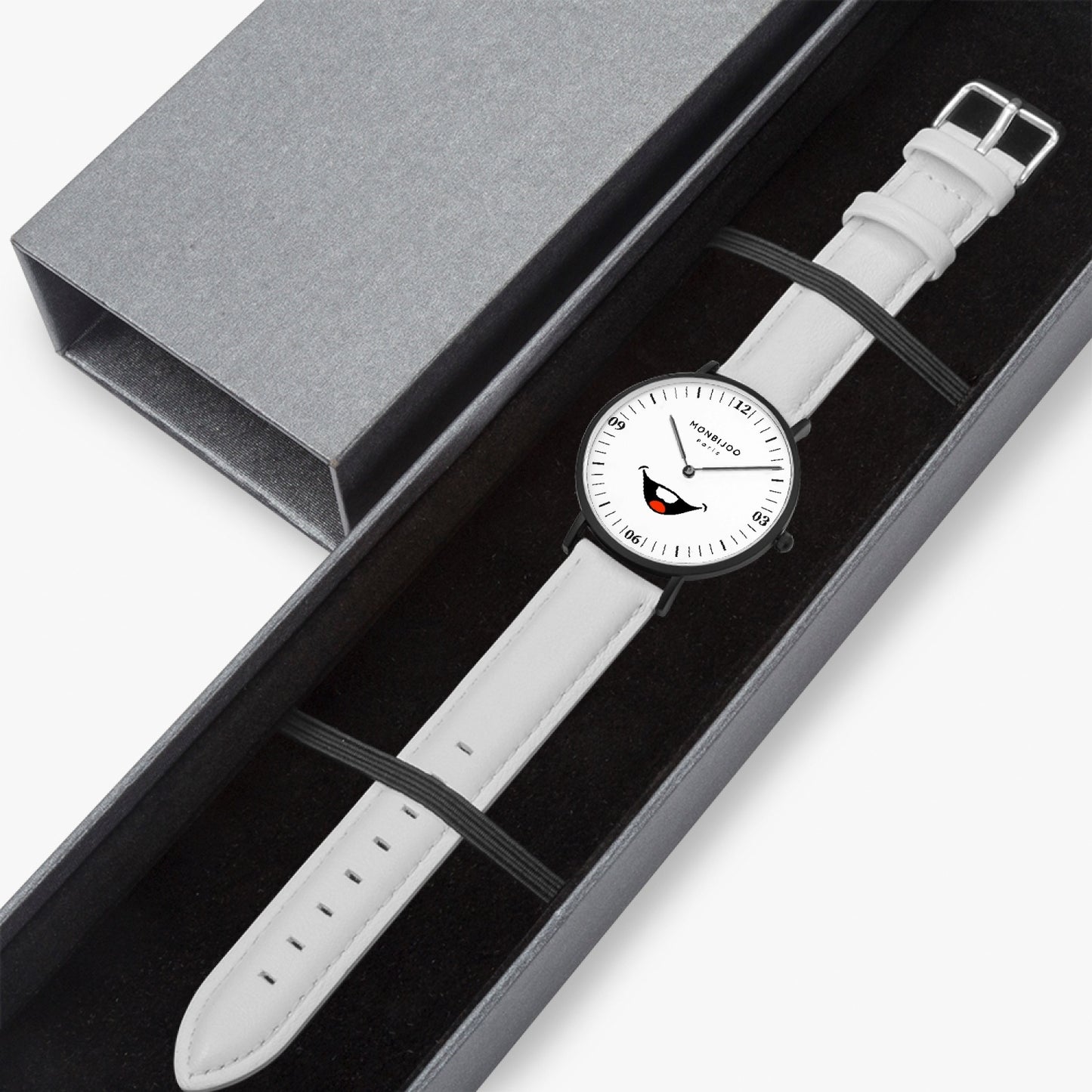 Montre Homme Midnight Cadran HappyTime Bracelet Cuir Blanc - MONBIJOO