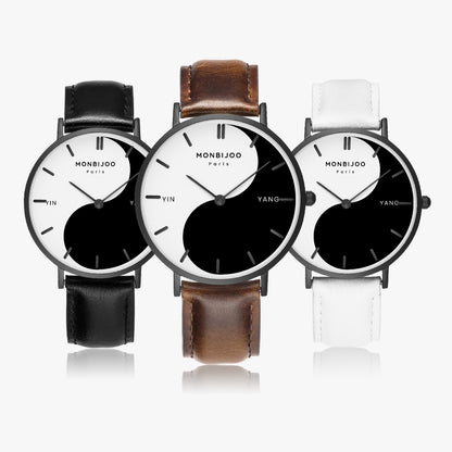 Montre Femme Eclipse Cadran Yin Yang Bracelet Cuir Noir - MONBIJOO